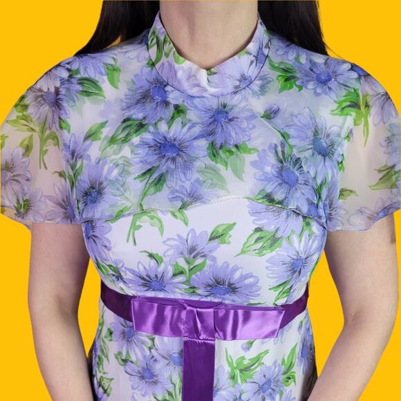 Vintage 60s 70s Purple Floral Chiffon Maxi Dress with Capelet - Picture 3 of 4